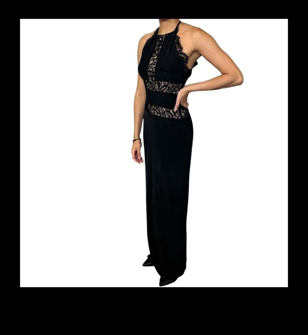 Nicole Miller Black Silk Lace Cutout Halter Maxi Dress Evening Gown